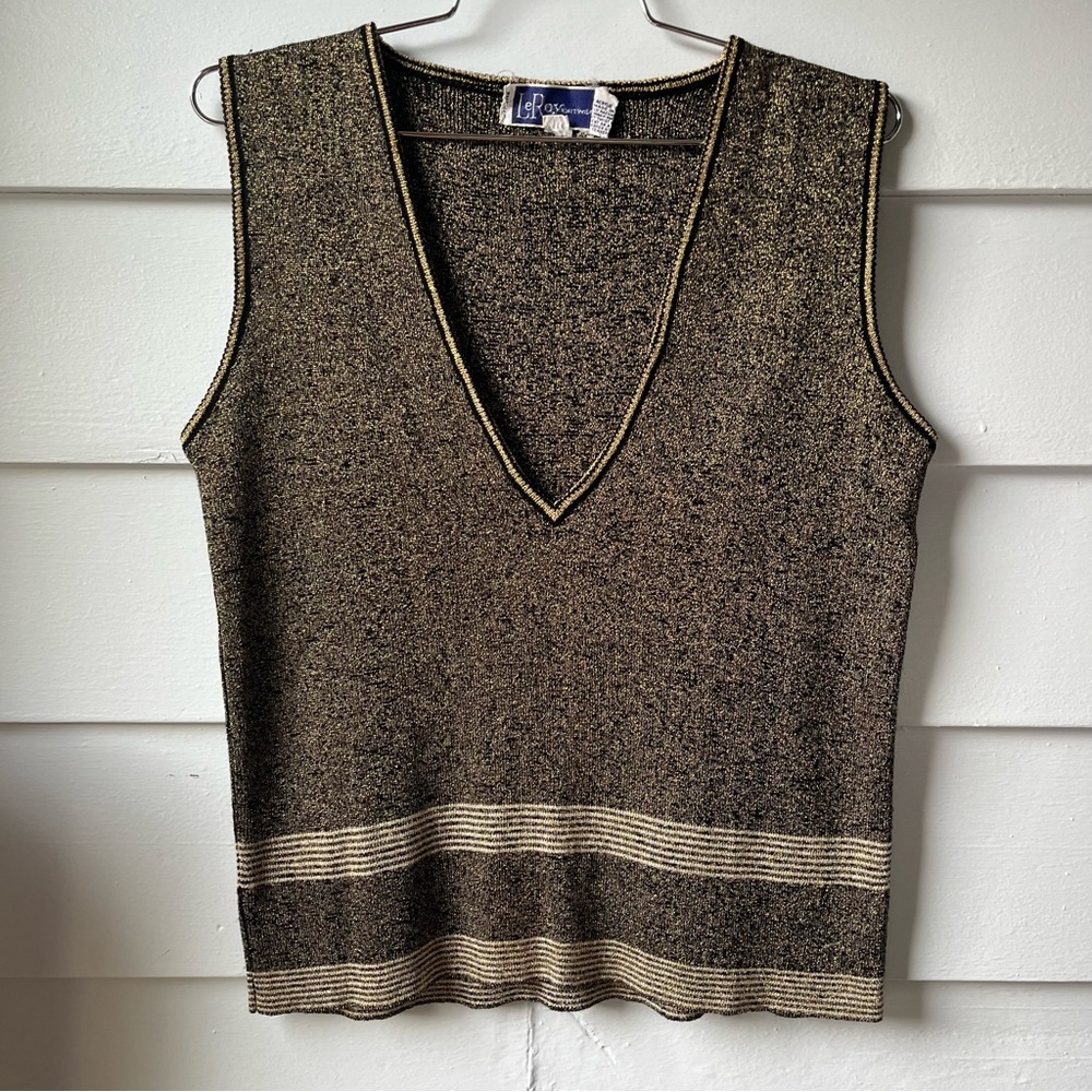 Vintage Metallic Gold and Black Sleeveless V-Neck Knit Top